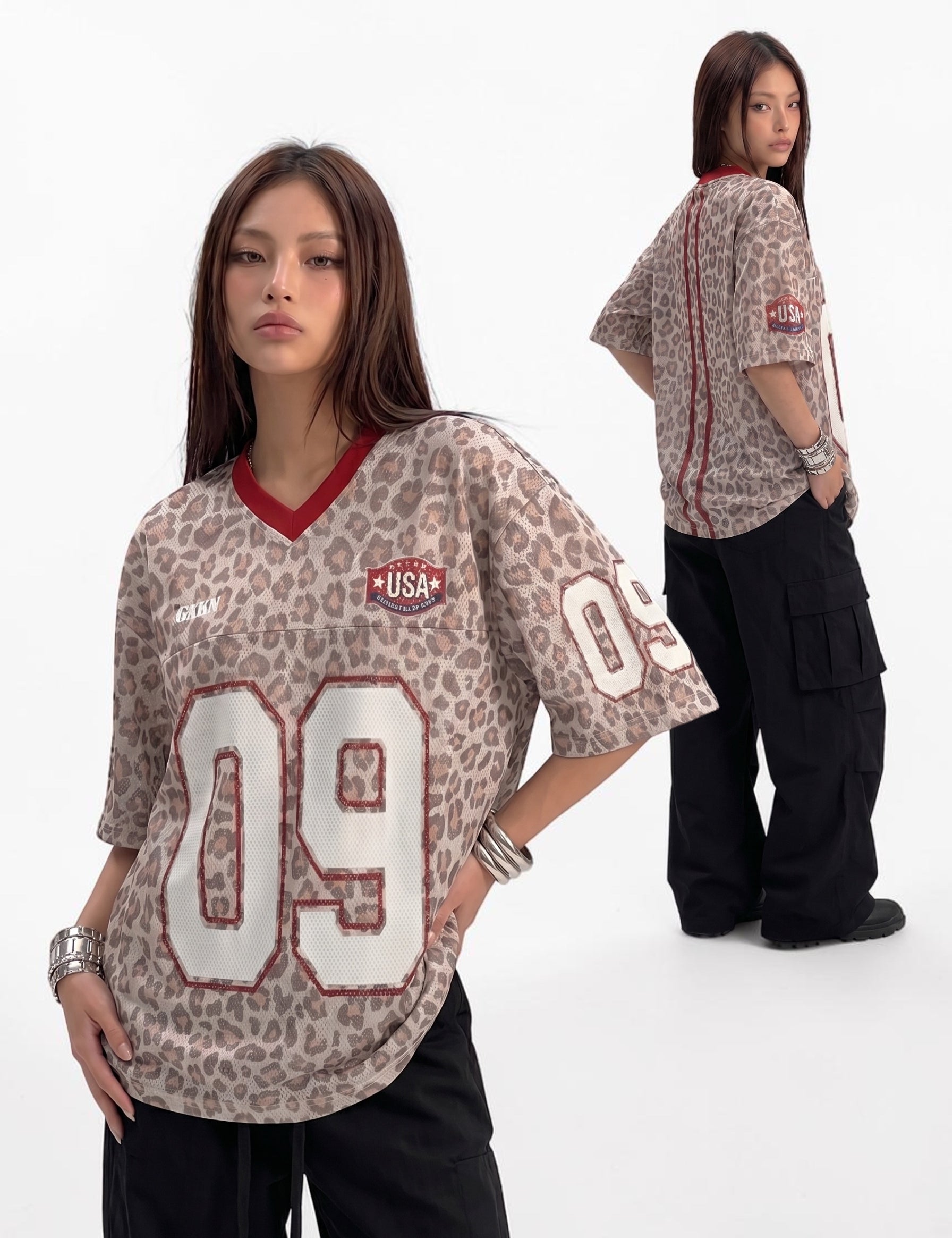Leopard-print V-neck jersey — women's streetwear
