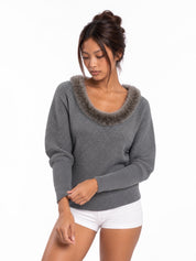 Halo Faux-Fur Collar Knit Sweater
