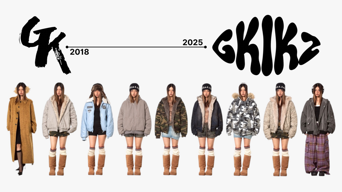 GKIKZ brand-history artwork with the original and newer logos above a lineup of streetwear looks