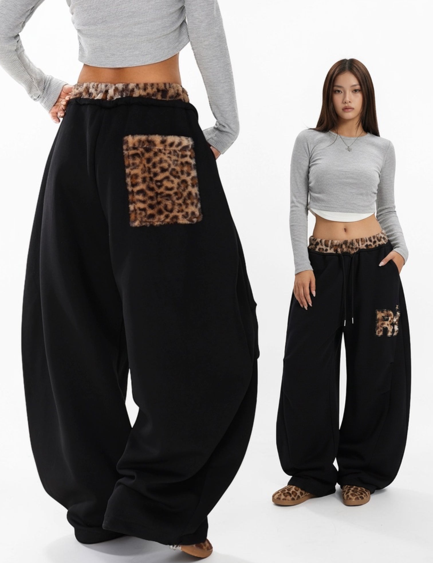 Leopard Trim Double-Waist Wide-Leg Sweatpants