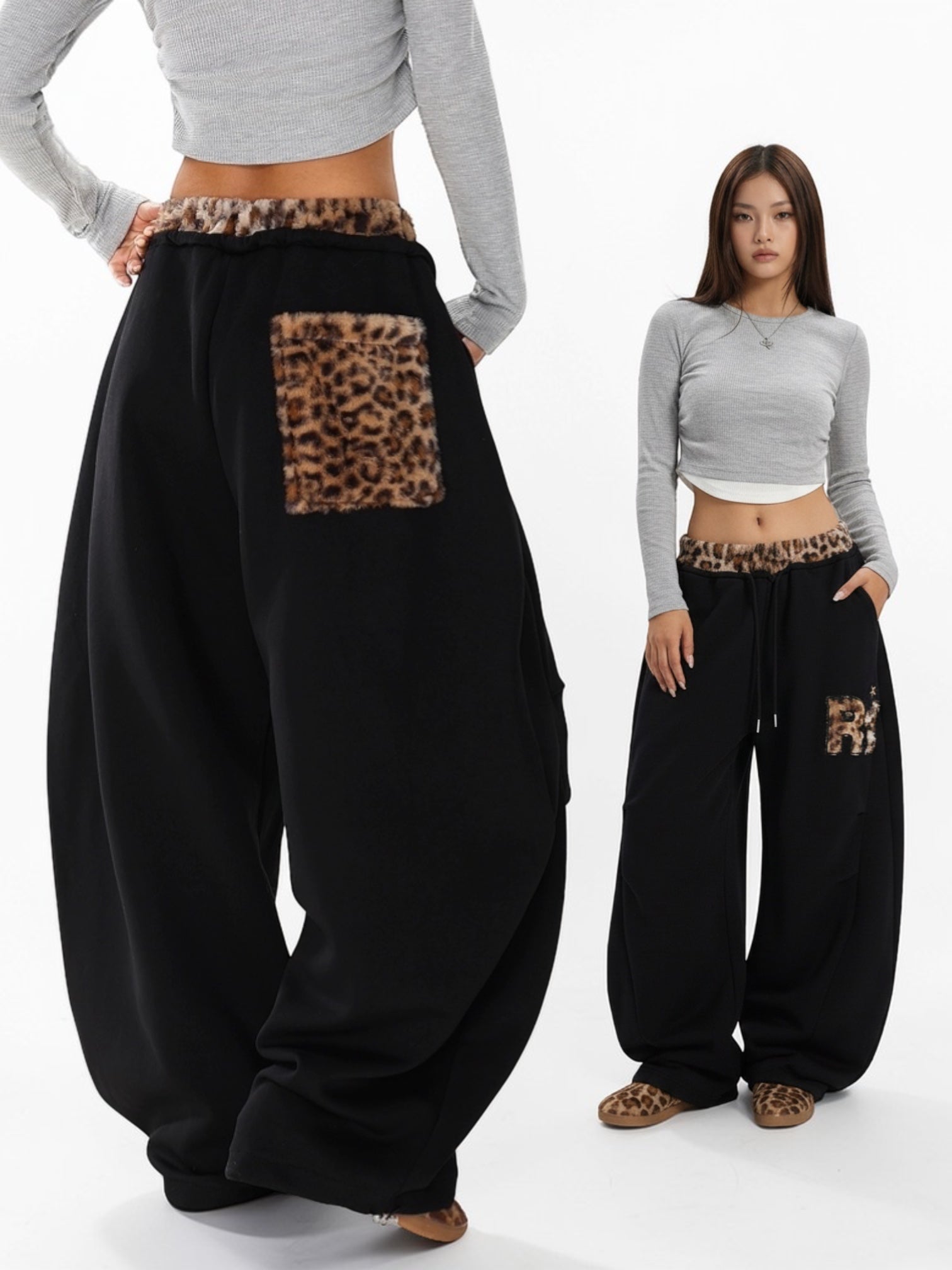 GKIKZ LEOPARD TRIM DOUBLE-WAIST WIDE-LEG SWEATPANTS