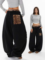 GKIKZ LEOPARD TRIM DOUBLE-WAIST WIDE-LEG SWEATPANTS