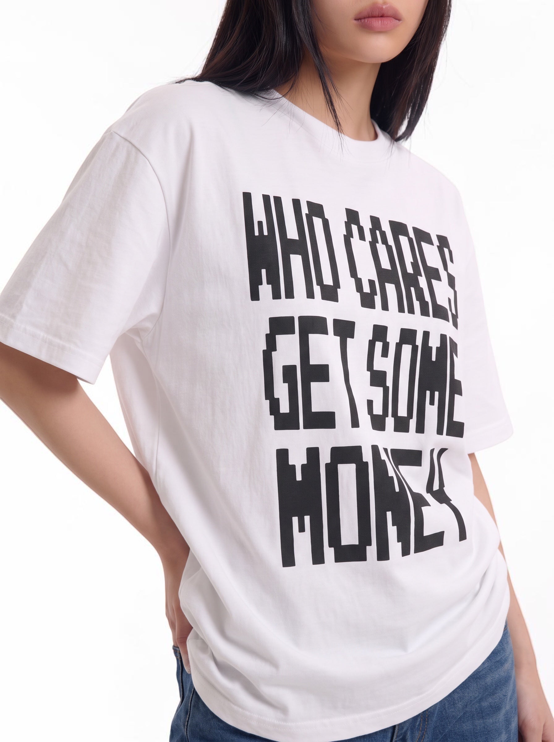 Who Cares Get Some Money graphic cotton tee — streetwear
