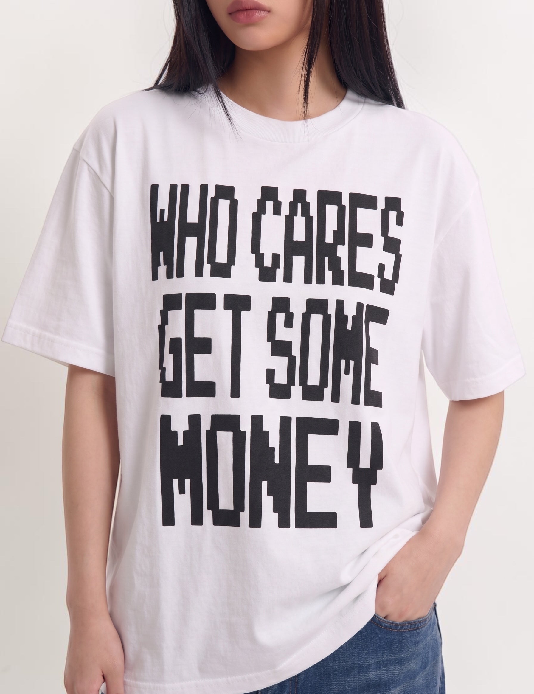 Who Cares Get Some Money graphic cotton tee — streetwear
