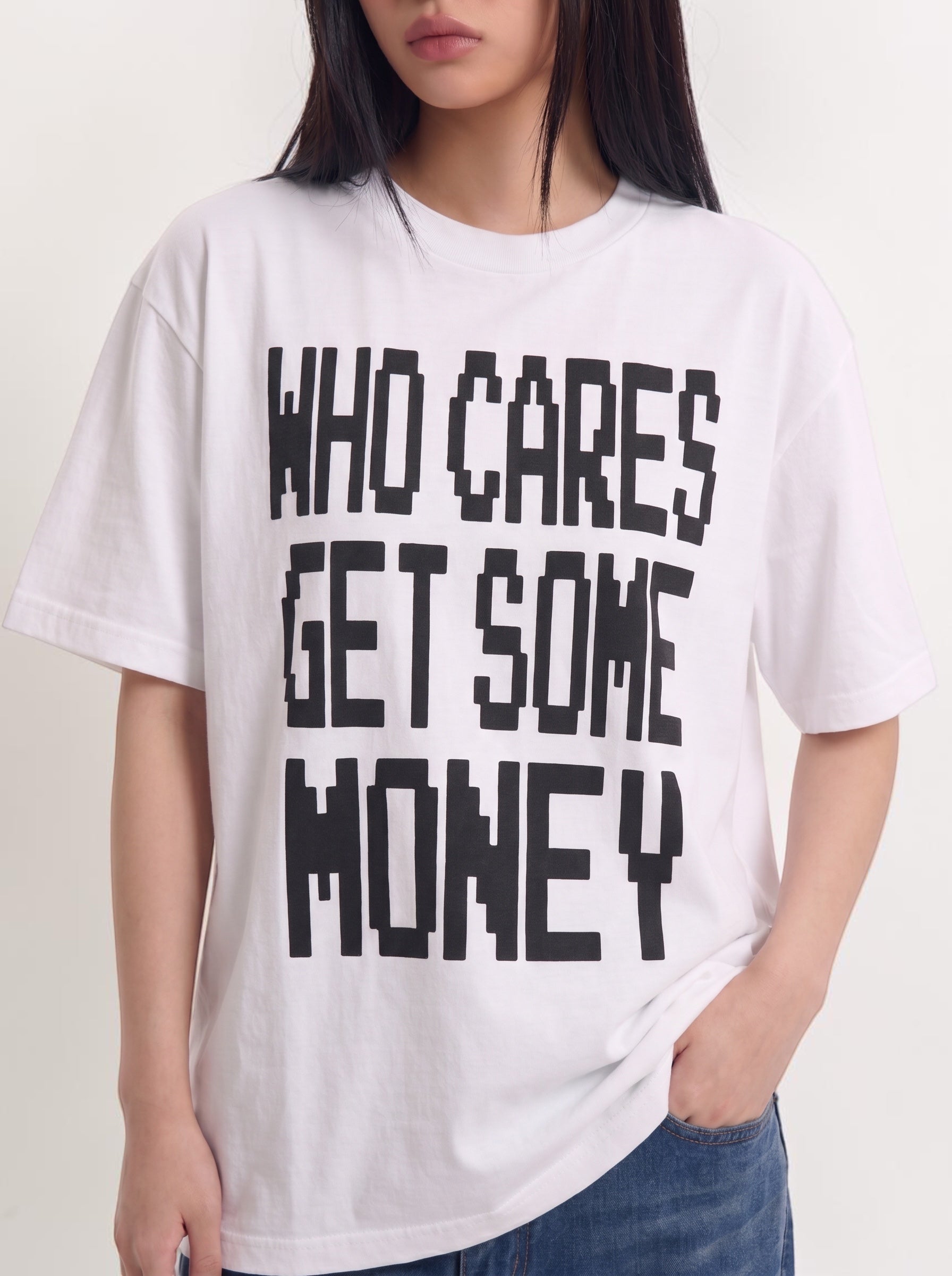 Who Cares Get Some Money graphic cotton tee — streetwear