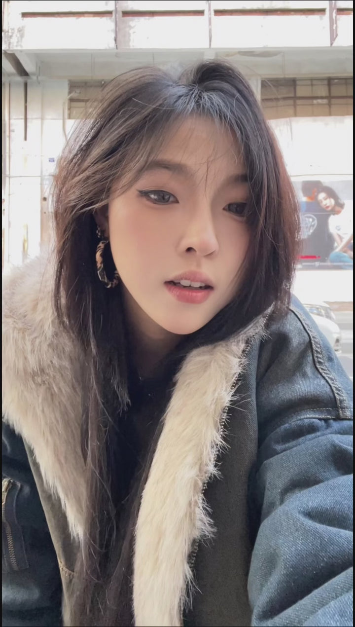 GKIKZ DIRTY DENIM HOODED FUR COLLAR JACKET