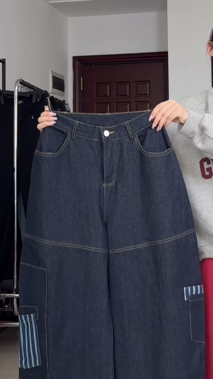 GKIKZ BIG STRIPES POCKET SCIMITAR BAGGY JEANS