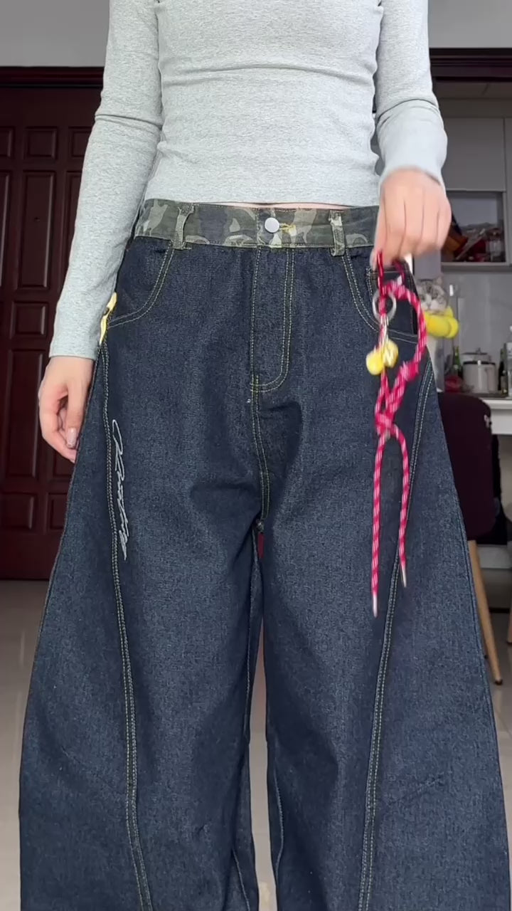 GKIKZ RETRO SCIMITAR ALL-MATCH DRAPE WIDE LEG JEANS