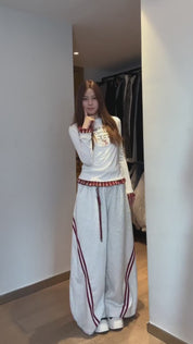 GKIKZ STRIPED CONTRAST WIDE-LEG DRAWSTRING PANTS