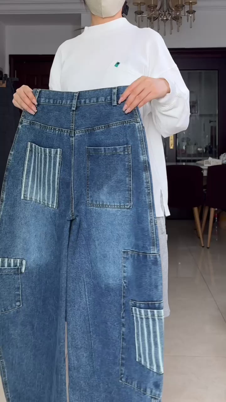 GKIKZ BIG STRIPES POCKET SCIMITAR BAGGY JEANS