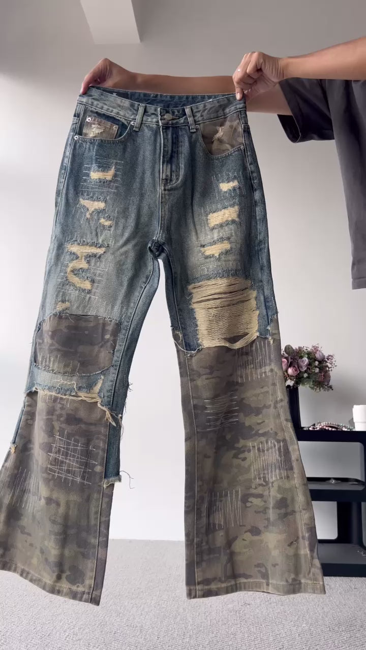 GKIKZ MIX&MATCH CAMOUFLAGE RETRO DISTRESSED BAGGY JEANS