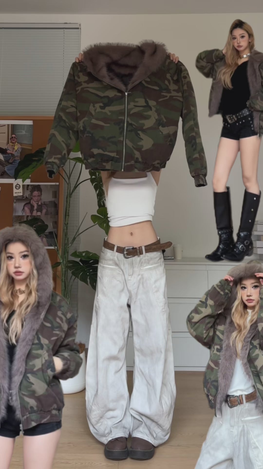 GKIKZ MOUNTAIN CARVING THICK COTTON PADDED FUR COLLAR JACKET