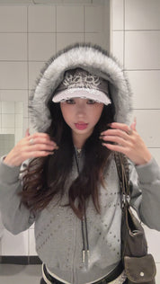[25AW NEW ARRIVAL] GKIKZ 🇬🇧 STUDDED FUR HOODED ZIP-UP