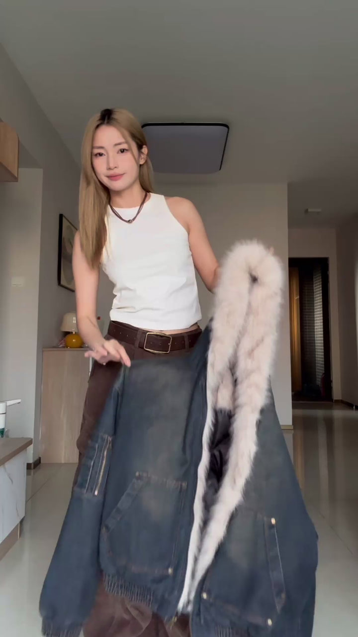 GKIKZ DIRTY DENIM HOODED FUR COLLAR JACKET