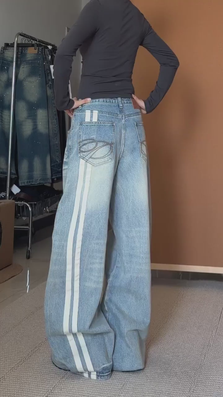 Washed Blue Wide-Leg Denim with Side Stripes