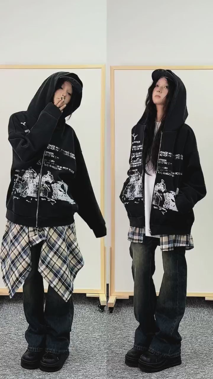 [25SS RESTOCKS] GKIKZ RETRO DISTRESSED BLACK-ENERGY ZIPPER HOODIE