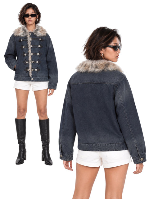 Faux-Fur Trim Denim Toggle Jacket
