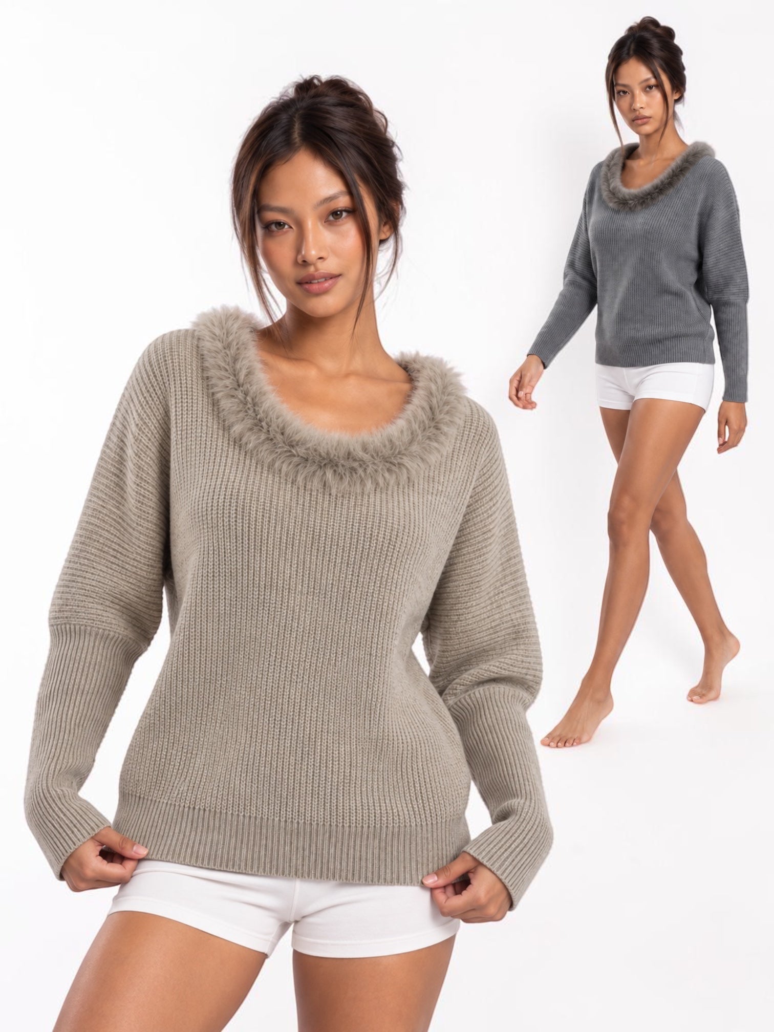 Halo Faux-Fur Collar Knit Sweater