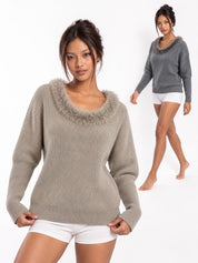 Halo Faux-Fur Collar Knit Sweater
