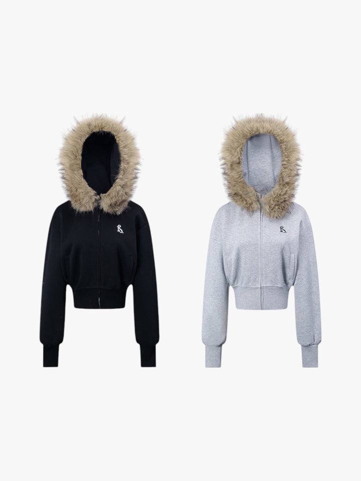 GKIKZ FAUX FUR CROPPED DETACHABLE HOOD ZIP-UP