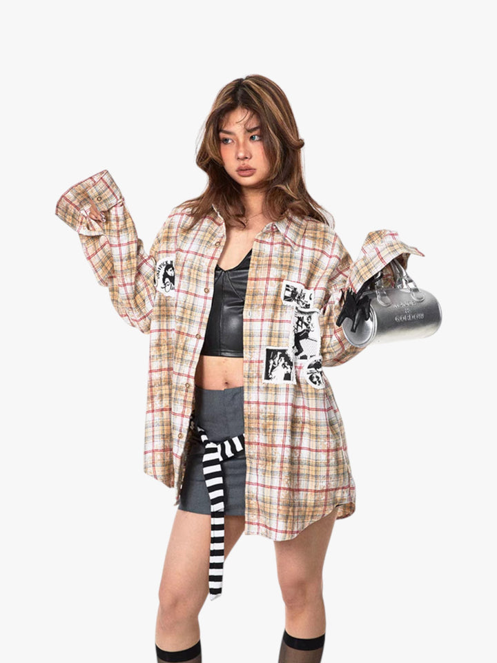 GKIKZ "EXUDES A REBILLIOUS" BRUSHED PRINTED PLAID OVERSIZED SHIRT