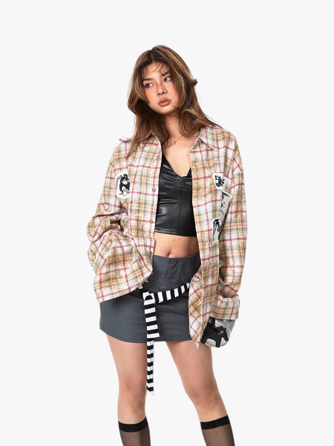 GKIKZ "EXUDES A REBILLIOUS" BRUSHED PRINTED PLAID OVERSIZED SHIRT