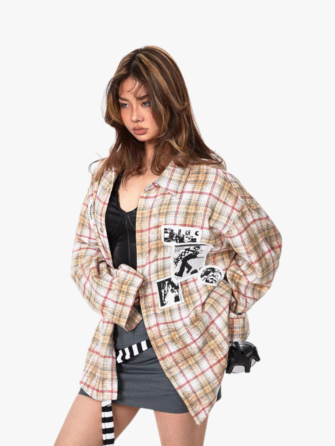 GKIKZ "EXUDES A REBILLIOUS" BRUSHED PRINTED PLAID OVERSIZED SHIRT