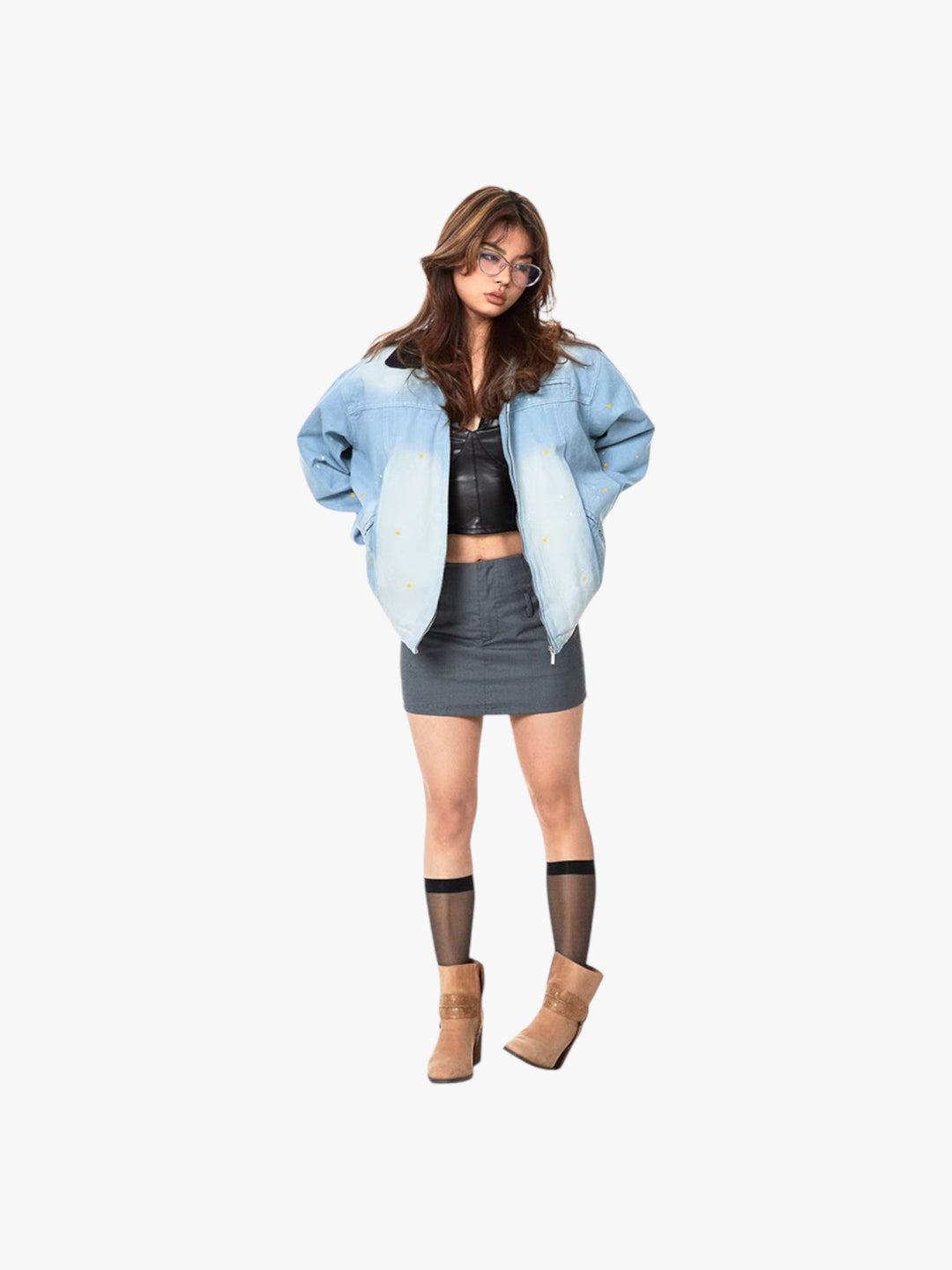 GKIKZ OMBRÉ WASHED CONTRAST DENIM JACKET