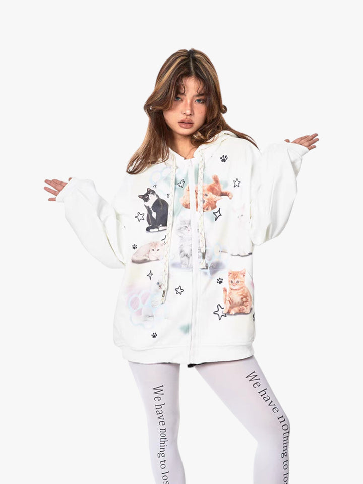 GKIKZ RETRO CAT'S IN SPACE SWEAT HOODED ZIPPER