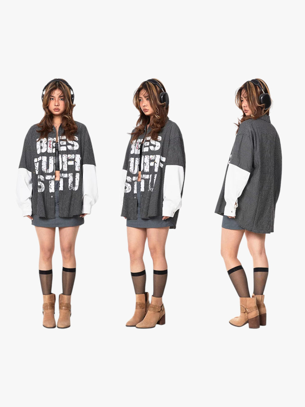 GKIKZ "BEST STUFF" FAKE SLEEVES PLAID OVERSIZED SHIRT