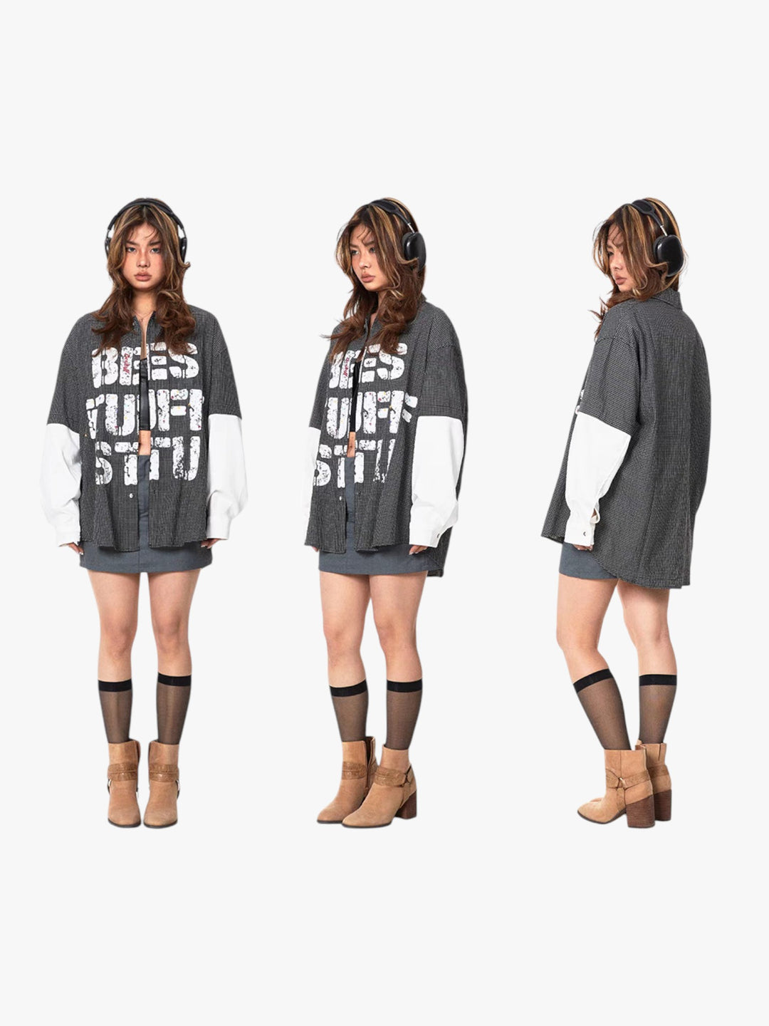 GKIKZ "BEST STUFF" FAKE SLEEVES PLAID OVERSIZED SHIRT