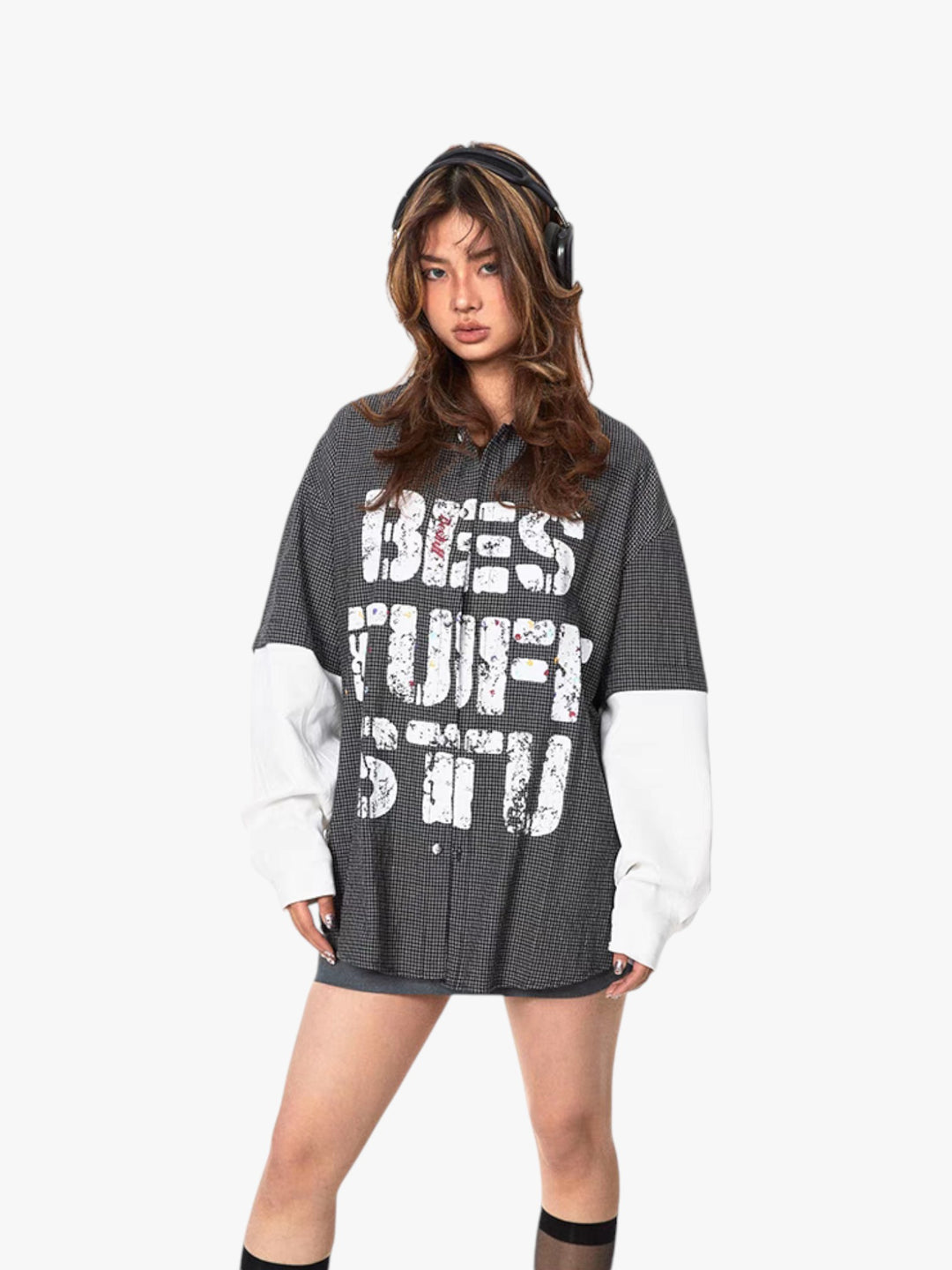 GKIKZ "BEST STUFF" FAKE SLEEVES PLAID OVERSIZED SHIRT