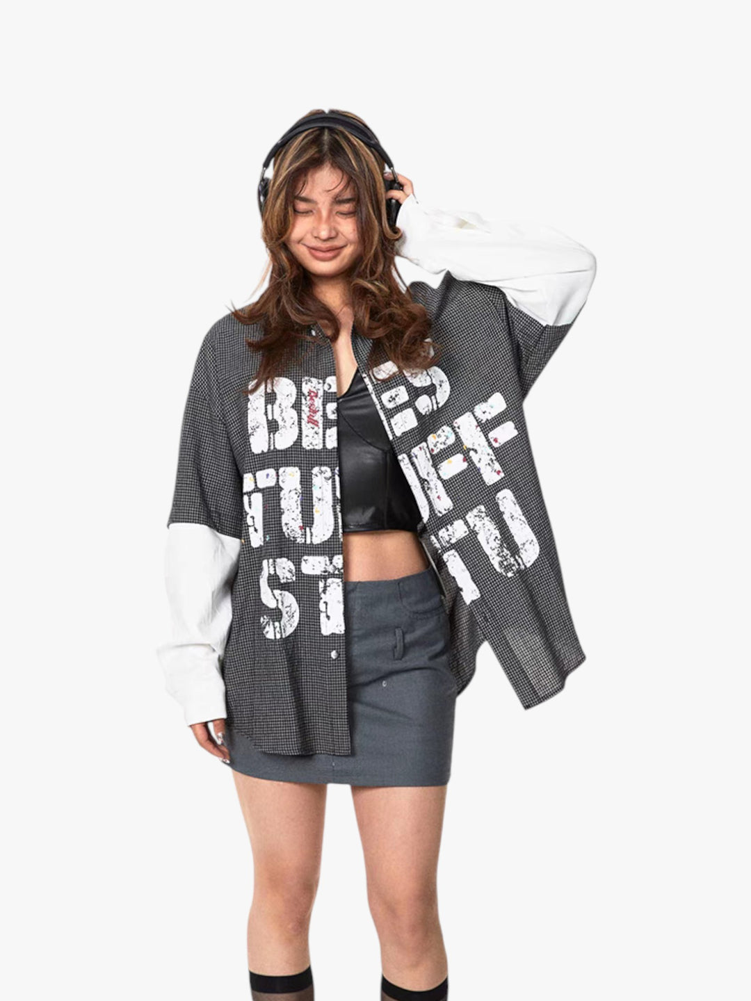 GKIKZ "BEST STUFF" FAKE SLEEVES PLAID OVERSIZED SHIRT