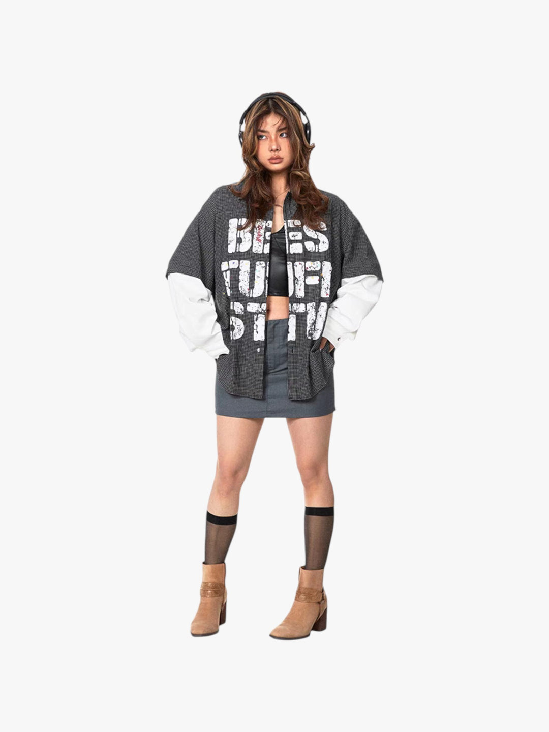 GKIKZ "BEST STUFF" FAKE SLEEVES PLAID OVERSIZED SHIRT