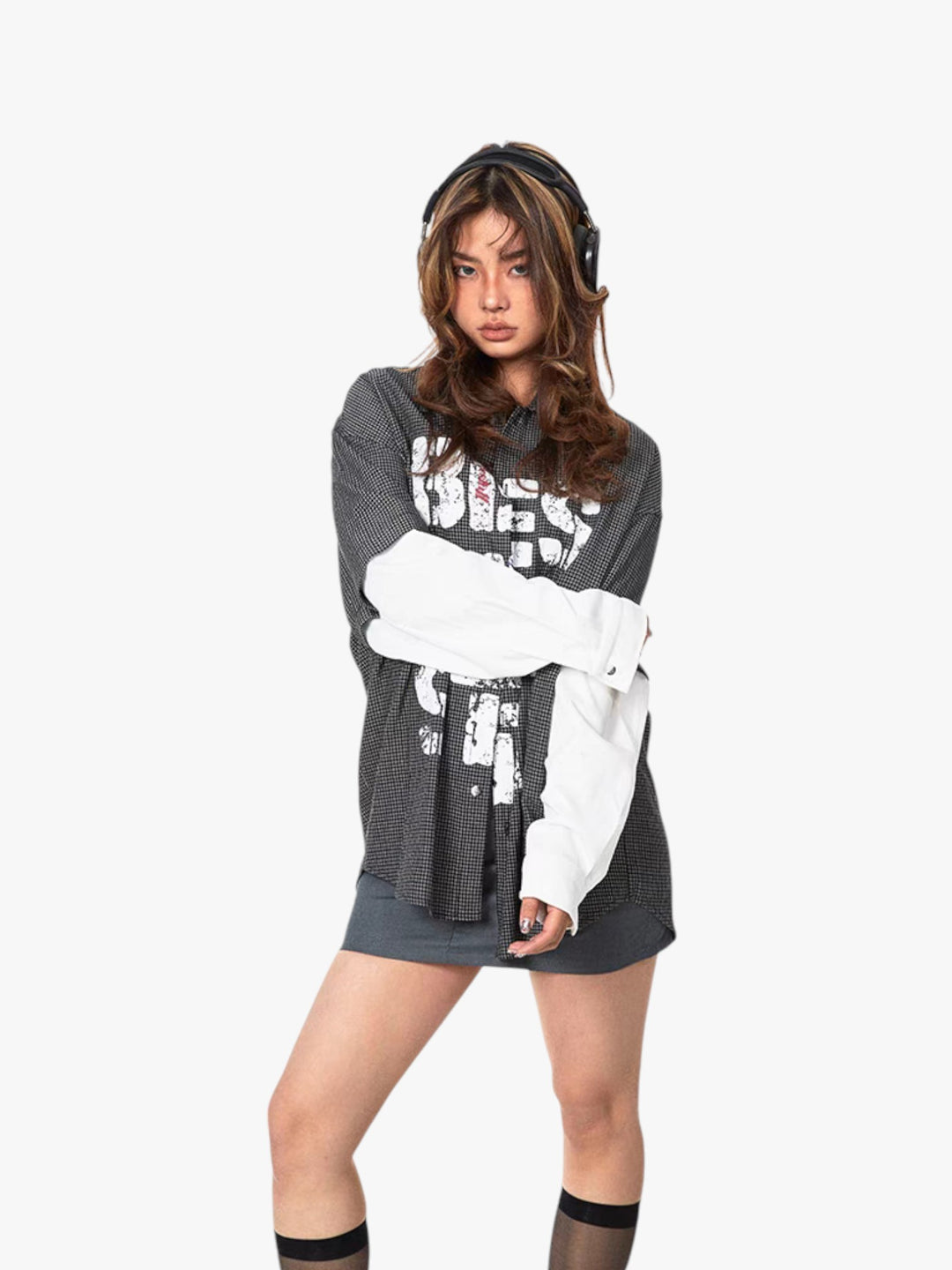 GKIKZ "BEST STUFF" FAKE SLEEVES PLAID OVERSIZED SHIRT