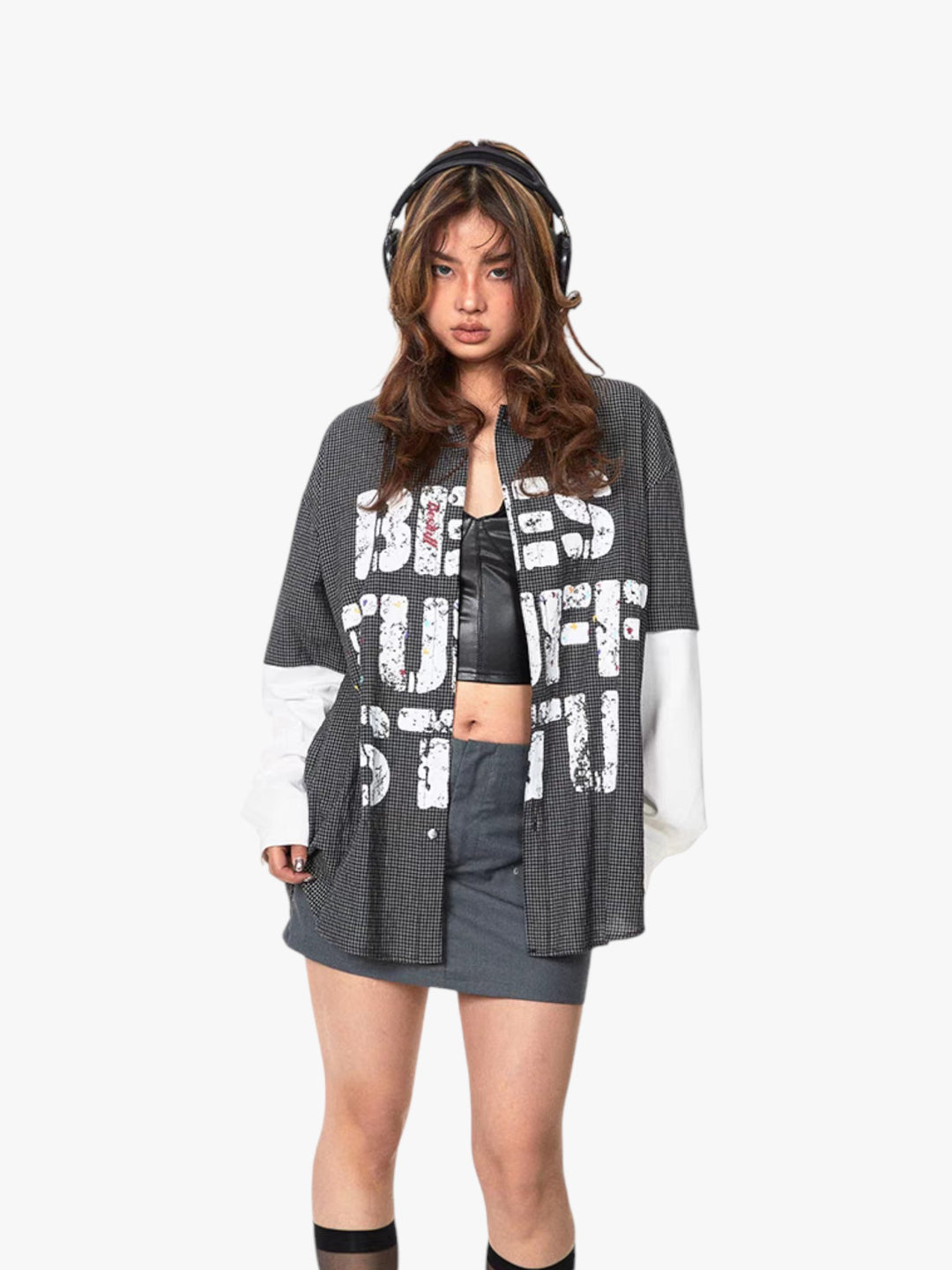 GKIKZ "BEST STUFF" FAKE SLEEVES PLAID OVERSIZED SHIRT