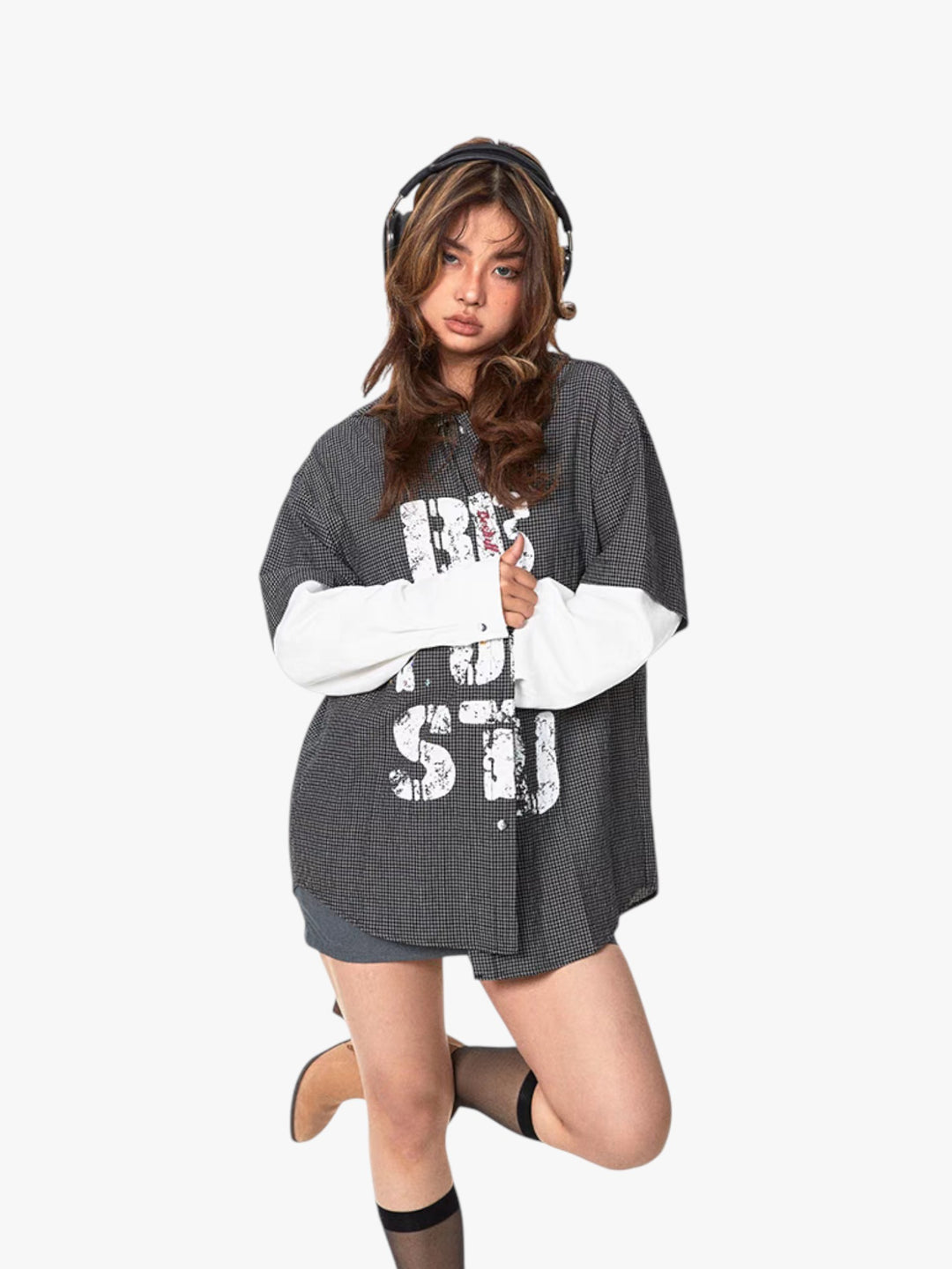 GKIKZ "BEST STUFF" FAKE SLEEVES PLAID OVERSIZED SHIRT