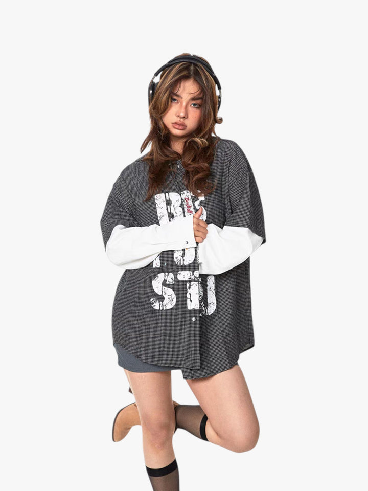 GKIKZ "BEST STUFF" FAKE SLEEVES PLAID OVERSIZED SHIRT