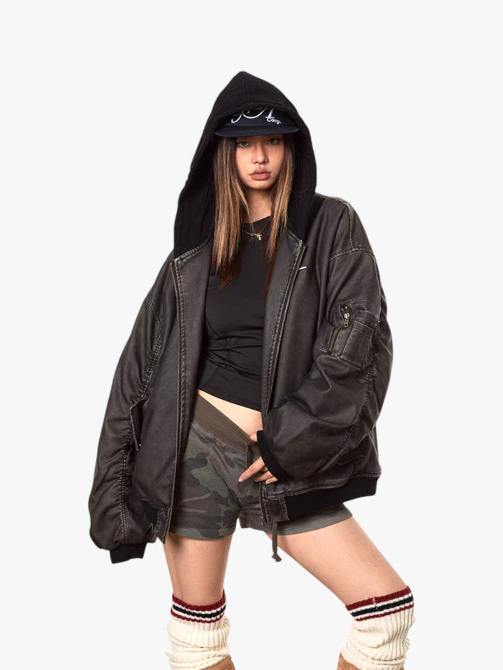 GKIKZ OLD WASHED LEATHER COTTON PADDED JACKET