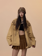 [VALENTINE SPECIAL] GKIKZ VINTAGE KHAKI EMBROIDERED DENIM JACKET