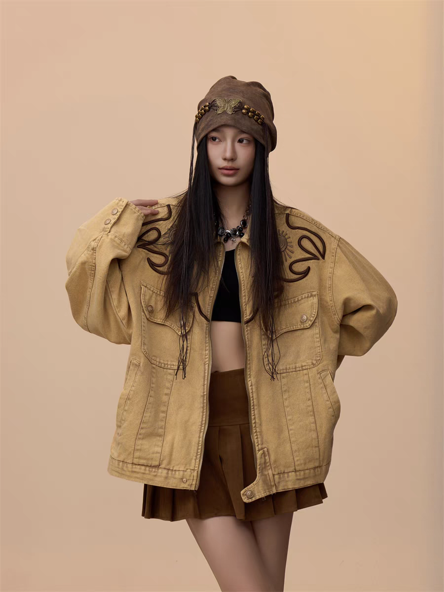 [VALENTINE SPECIAL] GKIKZ VINTAGE KHAKI EMBROIDERED DENIM JACKET