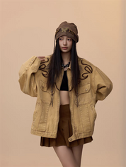 [VALENTINE SPECIAL] GKIKZ VINTAGE KHAKI EMBROIDERED DENIM JACKET
