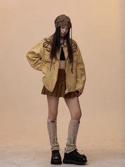 [VALENTINE SPECIAL] GKIKZ VINTAGE KHAKI EMBROIDERED DENIM JACKET