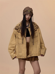 [VALENTINE SPECIAL] GKIKZ VINTAGE KHAKI EMBROIDERED DENIM JACKET