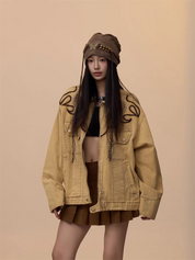 [VALENTINE SPECIAL] GKIKZ VINTAGE KHAKI EMBROIDERED DENIM JACKET