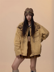 [VALENTINE SPECIAL] GKIKZ VINTAGE KHAKI EMBROIDERED DENIM JACKET