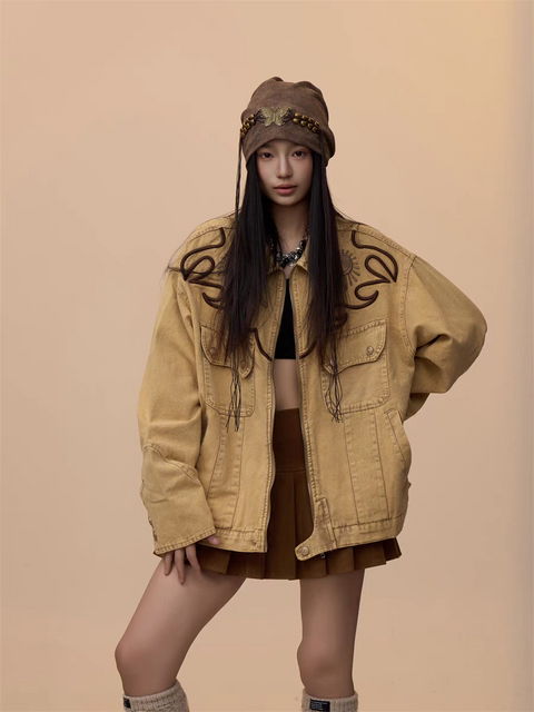 [VALENTINE SPECIAL] GKIKZ VINTAGE KHAKI EMBROIDERED DENIM JACKET