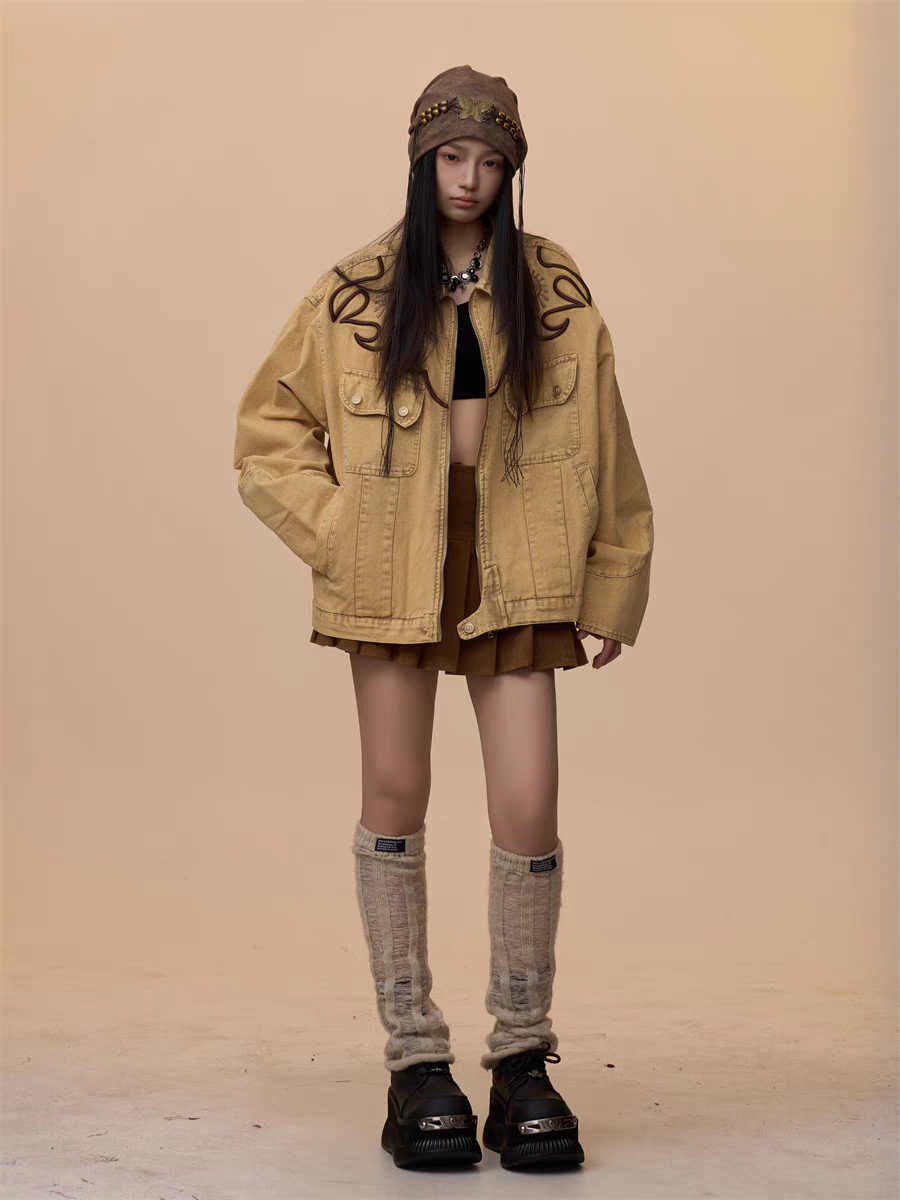 [VALENTINE SPECIAL] GKIKZ VINTAGE KHAKI EMBROIDERED DENIM JACKET