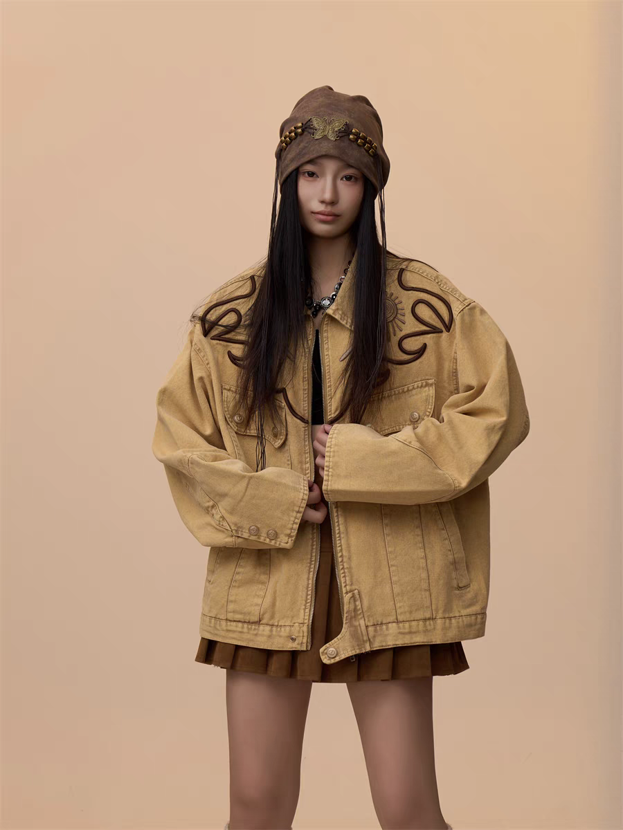 [VALENTINE SPECIAL] GKIKZ VINTAGE KHAKI EMBROIDERED DENIM JACKET