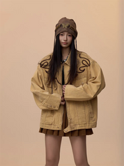 [VALENTINE SPECIAL] GKIKZ VINTAGE KHAKI EMBROIDERED DENIM JACKET